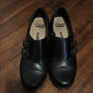 Clarks Women's Black Leather Loafers with Buckle Detail